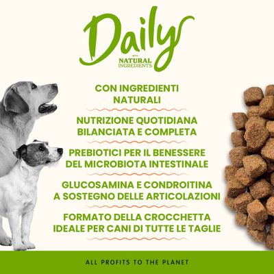 Daily con componenti naturali, alimentazione quotidiana equilibrata, prebiotici per la salute intestinale, glucosammina e condroitina per le articolazioni, crocchette adatte a cani di tutte le taglie.