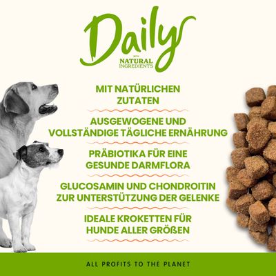 Daily mit natürlichen Zutaten, ausgewogene tägliche Ernährung, Präbiotika für gesunde Darmflora, Glucosamin und Chondroitin für Gelenke, ideale Kroketten für Hunde aller Größen.