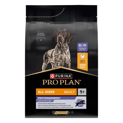 Purina Pro Plan All Size Adult 1+ Performance, Nr. 1 Huhn als Zutat, Verpackung mit Hundebild.