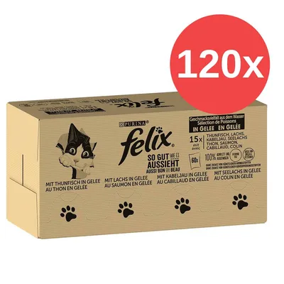 Purina Felix So gut wie es aussieht, 120 bolsitas en gelatina con atún, salmón, bacalao y abadejo. Variedad de sabores marinos, sin conservantes artificiales.