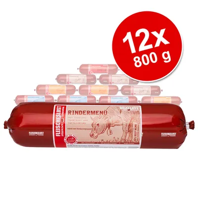 Fleischeslust Rindermenü, 12x 800g. Con calabacín, mijo y zanahorias. Refuerza el tracto digestivo. 100% contenido de carne.