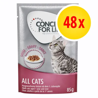 Concept for Life All Cats, sachet 85 g pour chats adultes à partir de 1 an, sauce. Lot de 48x. Texte en anglais, allemand et français visible sur l’emballage.