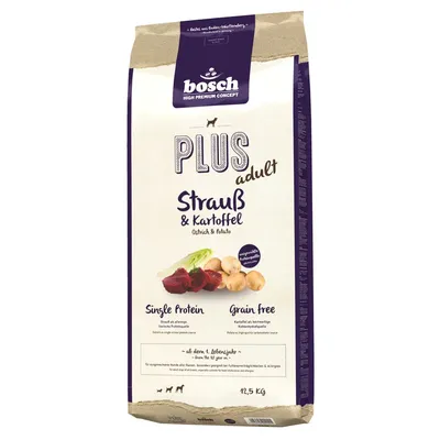 Saco de pienso bosch PLUS adult Strauß & Kartoffel, 12,5 kg. Texto visible: Single Protein, Grain Free. Imagen de carne y patatas en el envase.
