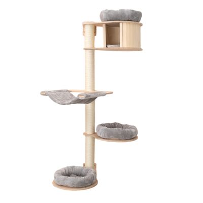 Cat tree made of wood with four levels, three padded resting areas and a hammock. A cat is sleeping on the hammock. Modern design, suitable for indoor use.