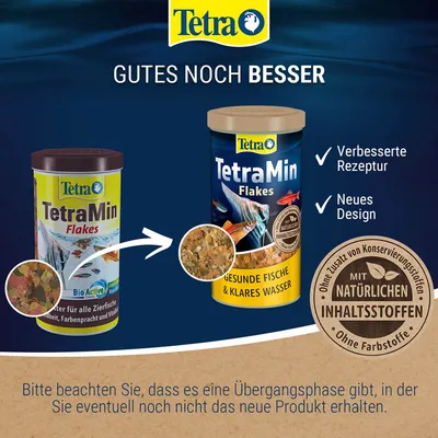 TetraMin Flakes mit verbessertem Rezept und neuem Design. Ohne Zusatz von Konservierungsstoffen, mit natürlichen Inhaltsstoffen, ohne Farbstoffe. Übergangsphase möglich.