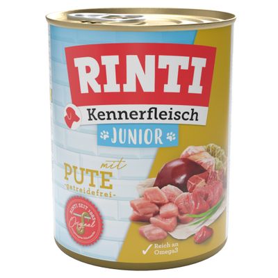 Rinti Kennerfleisch z zajcem, brez žit. Rinti od leta 1983 Original. Prikazano: koščki mesa in sestavine.