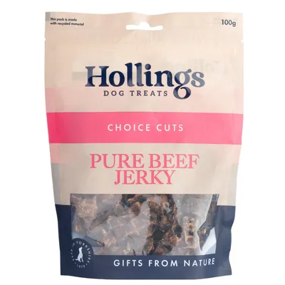 Hollings Dog Treats Choice Cuts Pure Beef Jerky, 100g. Gifts from Nature. This pack is made from recycled material. Hollings Dog Treats Choice Cuts Pure Beef Jerky, 100g. Gifts from Nature. This pack is made from recycled material.