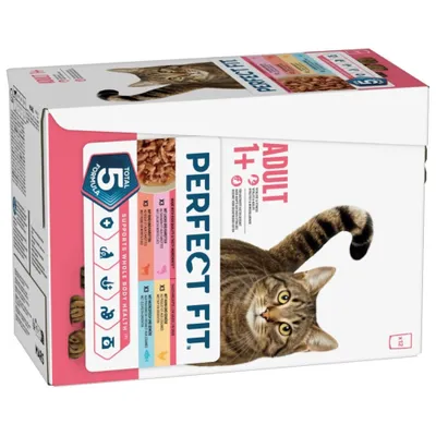 PERFECT FIT Adult 1+, Total 5 Formula, wspiera zdrowie całego organizmu, 12 porcji. Widoczny kot na opakowaniu. PERFECT FIT Adult 1+, Total 5 Formula, wspiera zdrowie całego organizmu, 12 porcji. Widoczny kot na opakowaniu.