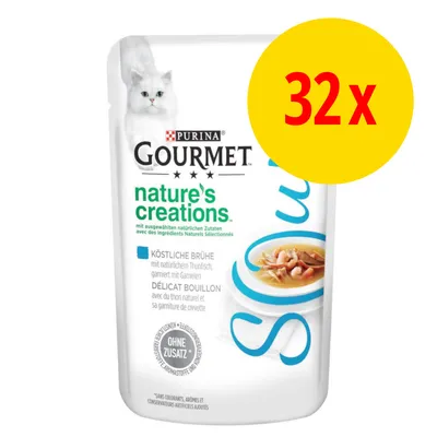 Purina Gourmet nature's creations, sopa para gatos con atún natural y gambas. Paquete de 32 unidades indicado en círculo amarillo. Texto en alemán, francés e inglés visible.