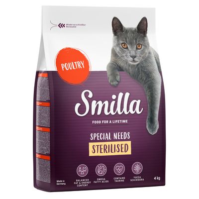 Smilla Special Needs Sterilised kattefoder, POULTRY, 4 kg. Tekst: FOOD FOR A LIFETIME, BALANCED FAT & ENERGY CONTENT, OMEGA FATTY ACIDS, CONTAINS TAURINE, YUCCA SCHIDIGERA. Made in Germany.