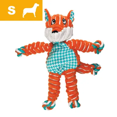 Small size orange and turquoise animal-shaped rope toy with textured body and limbs, shown for use as a pet accessory. S symbol with dog silhouette in top left corner.