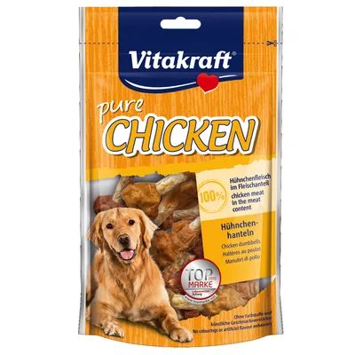 Vitakraft pure CHICKEN, 100% chicken meat in the meat content, Hähnchen-hanteln, TOP MARKE 2015. Immagine della confezione con cane e snack visibili all'interno.