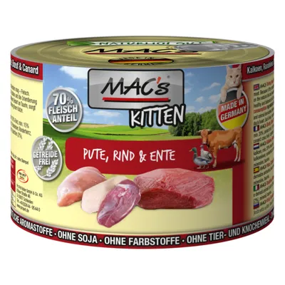 MAC's Kitten märkäruoka, 70 % Fleischanteil, getreidefrei, Pute, Rind & Ente, Made in Germany. Ilman keinotekoisia aromi- ja väriaineita, ilman soijaa, ei eläin- tai luujauhoa.