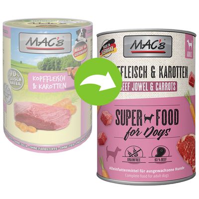 MAC's koiranruoka, kaksi purkkia: vanha ja uusi pakkaus. Tekstit: 'Kopffleisch & Karotten', 'Super Food for Dogs', 'Grainfree', '93 % Beef', 'Made in Germany'. Nuoli vaihtoa osoittamassa.