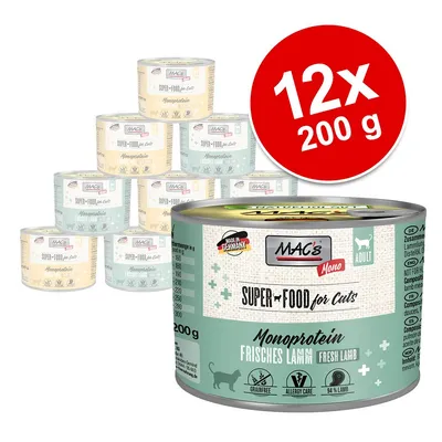 MAC's Mono Superfood för katter, monoprotein färskt lamm, 12x 200g. Tillverkat i Tyskland, spannmålsfritt, allergivänligt, 94% lamm.