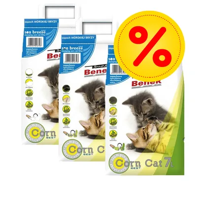 Three bags of clumping corn cat litter, sea breeze scent, with icons showing odour control, 100% natural, and a large percentage discount symbol in the corner. Three bags of clumping corn cat litter, sea breeze scent, with icons showing odour control, 100% natural, and a large percentage discount symbol in the corner.