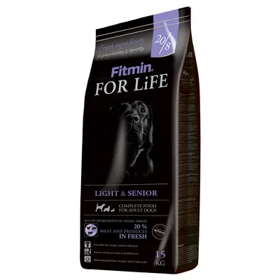 Fitmin FOR LiFE Light & Senior, kompletní krmivo pro dospělé psy, 15 kg. 20 % masa a živočišných produktů v čerstvém stavu, 40 % složek živočišného původu.