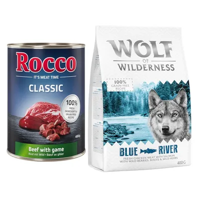 Kombi-Paket: 400 g Rocco Nassfutter + 400 g Wolf of Wilderness Trockenfutter - Rocco Classic Rind mit Wild + Wolf of Wilderness Blue River Lachs