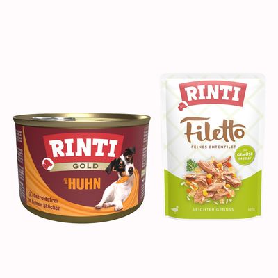 RINTI Gold mit Geflügelherzen, getreidefrei, in feinen Stücken. Abbildung einer Dose mit Hund auf der Verpackung.
