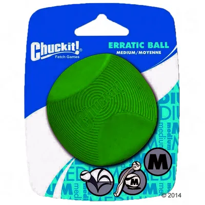 Chuckit! Erratic Ball, medium size, green rubber ball in retail packaging. Visible text: 'Chuckit! Fetch Games', 'ERRATIC BALL', 'MEDIUM/MOYENNE', 'M'. Two icons shown at bottom.