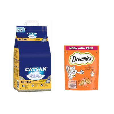 Litière Catsan 8, 15 ou 18 L + friandises 60 ou 180 g offertes ! Agglomérante Plus 15 L + Catisfactions Mega Pack poulet 180 g