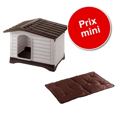 Niche en plastique marron et blanc avec coussin matelassé brun, pastille rouge avec texte « Prix mini » visible. Niche en plastique marron et blanc avec coussin matelassé brun, pastille rouge avec texte « Prix mini » visible.
