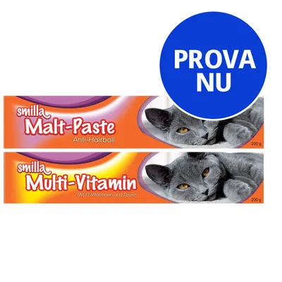 smilla Malt-Paste Anti-Hairball 200 g och smilla Multi-Vitamin mit 12 Vitaminen und Taurin 200 g. Blå cirkel med texten PROVA NU.