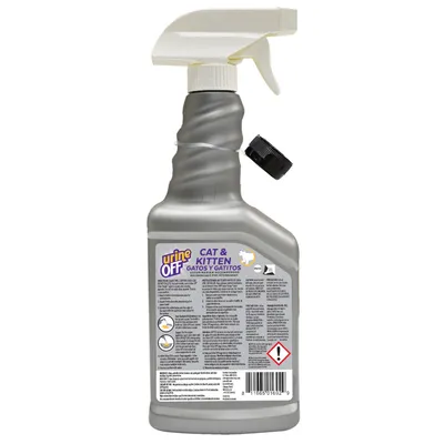 Urine Off Cat & Kitten sprayflaska, speciellt för katter och kattungar. Innehåller varnings- och bruksanvisningar på förpackningen.