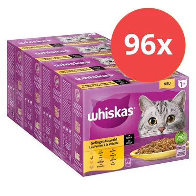 Whiskas Geflügel Auswahl in Sauce, 96x Portionsbeutel für Katzen ab 1 Jahr. 100% ausgewogene Zutaten, NEU gekennzeichnet.