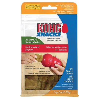 KONG Snacks til hunde, størrelse S. Naturlig velsmagende med ægte baconsmag. Til fyld for længere leg. Nettovægt: 198g.