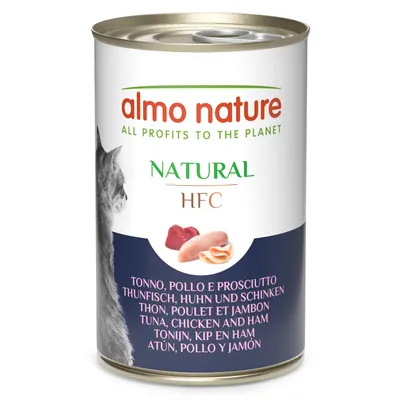 Almo Nature Natural HFC. Zutaten: Thunfisch, Huhn und Schinken. Text: All profits to the planet.