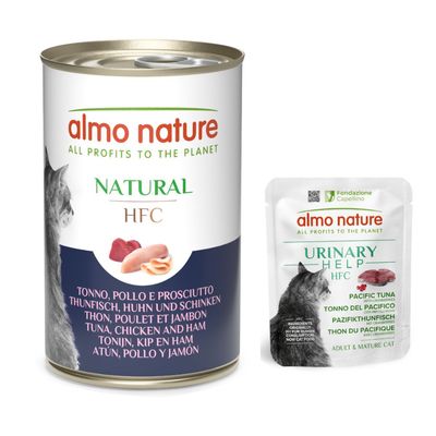 Almo Nature Natural HFC. Zutaten: Thunfisch, Huhn und Schinken. Text: All profits to the planet.