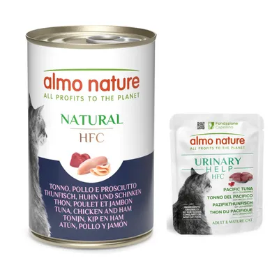 Prezzo speciale! 6 x 140 g Almo Nature HFC + 6 x 50 g Urinary Help Umido per gatti  - 6 x 140 g Tonno, Pollo e Prosciutto HFC  + 6 x 50 g Tonno del Pacifico con mirtilli rossi HFC Urinary Help