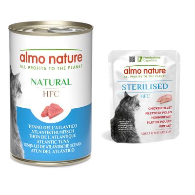 Boîte de nourriture pour chat almo nature HFC Natural, thon de l’Atlantique. Texte visible : profits 100 % to nature, owned by the animals.