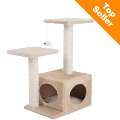 Drapak dla kota z dwoma poziomami, sizalowe słupki, pluszowa budka, zawieszona zabawka myszka. Napis w rogu: Top Seller.
