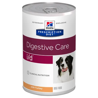 Hill's Prescription Diet Digestive Care i/d with Turkey dog food tin, clinical nutrition, image of a black and white dog on label