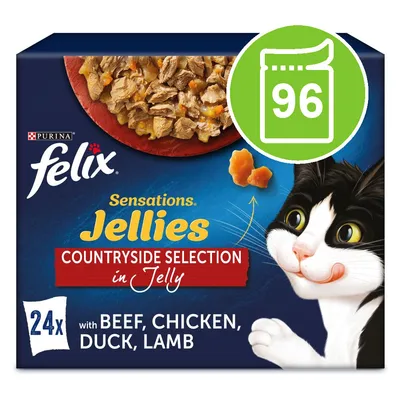 Purina felix Sensations Jellies Countryside Selection in Jelly, 24x with beef, chicken, duck, lamb. Green icon with 96 on top right.