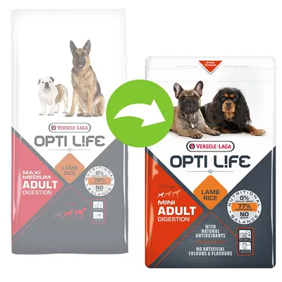 To poser Versele-Laga Opti Life hundefoder, tekst: Maxi Medium Adult Digestion og Mini Adult Digestion, Lamb Rice, Nutritional Balance 70 %, 77 %, med billeder af hunde på begge pakker.