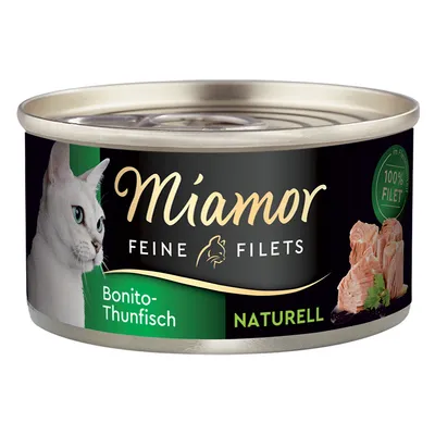 Miamor Feine Filets Bonito-τόνος, φυσικό, 100% φιλέτο. Τροφή για γάτες σε κονσέρβα με εικόνα κομματιών τόνου και λευκής γάτας.