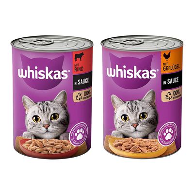 Whiskas Katzenfutter in Sauce, Geschmacksrichtung Geflügel, 24 Dosen im Karton. Verpackung zeigt graue Katze und Whiskas-Logo.