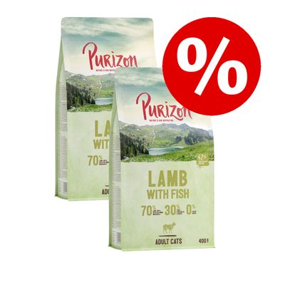 Purizon LAMB WITH FISH за котки, 400 г, 70 % животински съставки, 30 % плодове и зеленчуци, 0 % зърно. Промоционално предложение с червен символ процент.