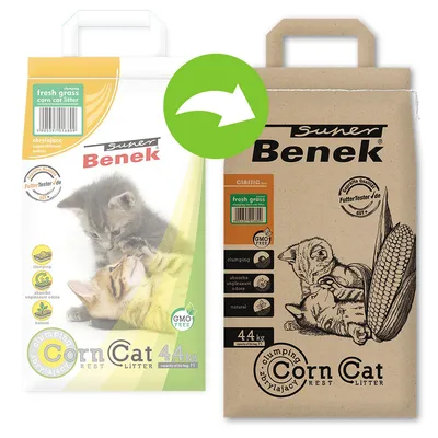 Image showing packaging change for clumping corn cat litter, fresh grass scent, 4.4kg, GMO free, absorbs unpleasant odours, natural, with icons and product details on both old and new bags.