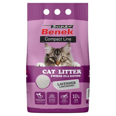 Super Benek macskaalom Compact Line, levendula illat, 10L. Csomagoláson macska és alom képe, szöveg: szuper nedvszívó, granulált, csomósodó.