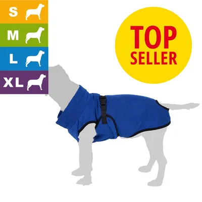 Hundemantel in Blau, erhältlich in den Größen S, M, L, XL. Gelber Kreis mit rotem Text: TOP SELLER.