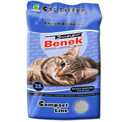 Lettiera per gatti Super Benek Compact Line, 25 L, profumazione sea breeze, immagine di un gatto sul fronte. Testo in polacco e inglese visibile sulla confezione.