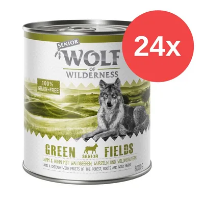 Wolf of Wilderness Senior Green Fields, 24x800g, Lamm & Huhn mit Waldbeeren, Wurzeln und Wildkräutern, 100% getreidefrei.