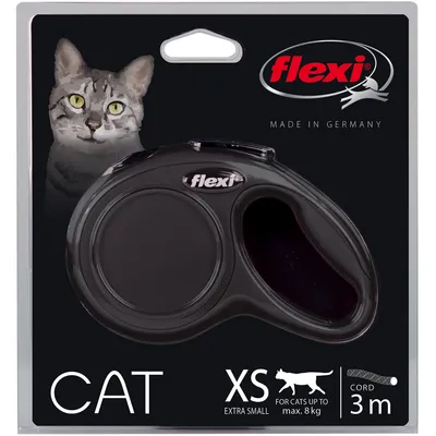Lesă retractabilă flexi pentru pisici, mărime XS, pentru pisici de până la 8 kg, coardă 3 m, ambalaj cu text „Made in Germany” și imagine de pisică.