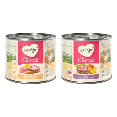 Feringa Chicken & Veal with carrots & dandelion KITTEN, 24 x 200 g dåser kattemad. Stor rød cirkel med teksten '24x 200 g' på forsiden af pakken.