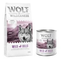 Wolf of Wilderness Kombi-Paket: Adult Trockenfutter + passende Nassfutter - 12 kg Wild Hills - Ente + 24 x 800 Wild Hills - Ente
