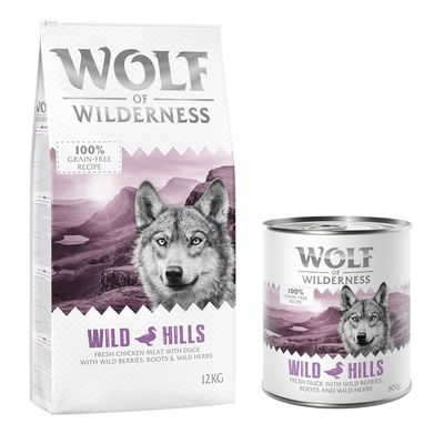 Wolf of Wilderness Kombi-Paket: Adult Trockenfutter + passende Nassfutter 12 kg Wild Hills - Ente + 24 x 800 Wild Hills - Ente
